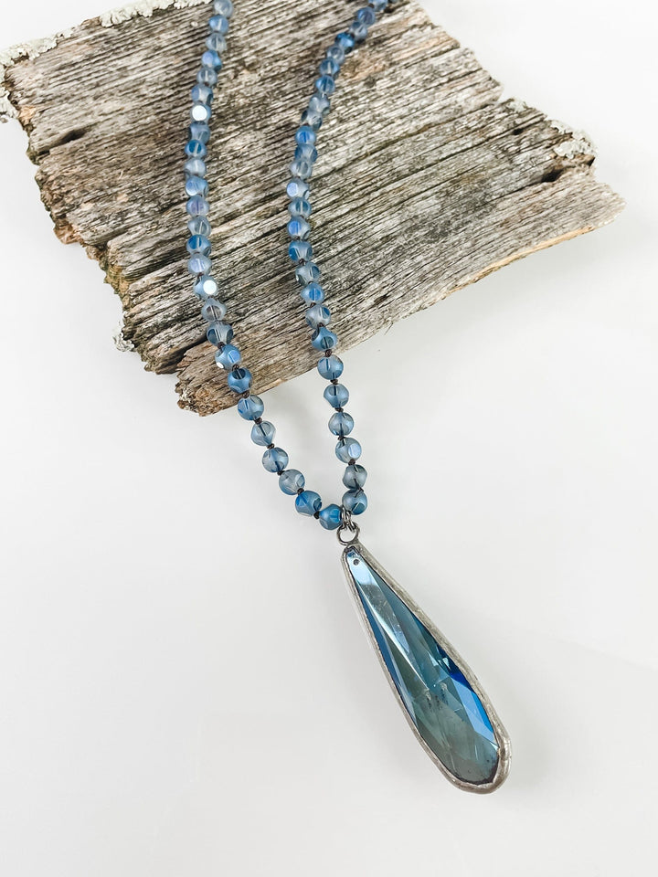 Women's Long Necklace with Large Blue Tear Drop Crystal