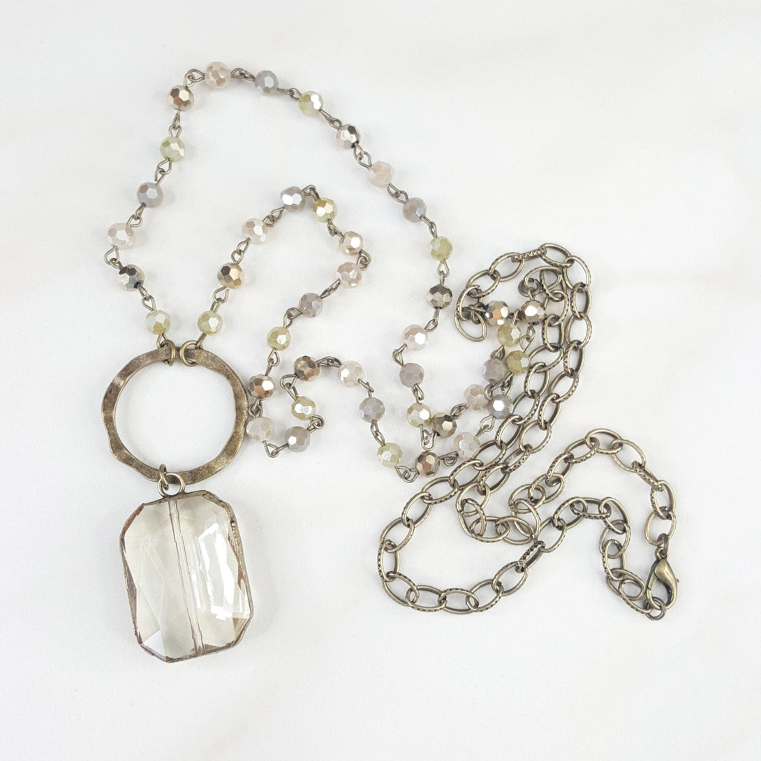 Women's Statement Necklace with Reflective Beads and Drop Feature with Large Connector Ring and Large Crystal Accent Pendant