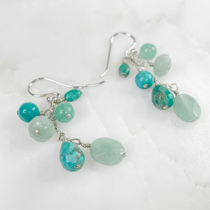 Women's Sterling Silver and Small Turquoise Gemstone Cluster Dangle Earrings 1.75 Inches