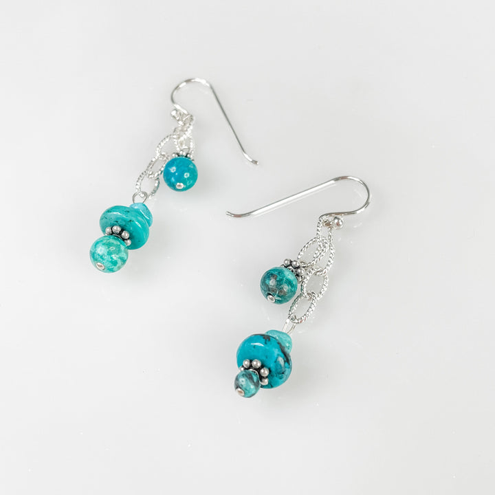 Women's Sterling Silver and Small Turquoise Gemstones Dangle Earrings 2.0 Inches