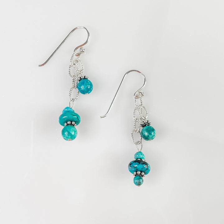 Women's Sterling Silver and Small Turquoise Gemstones Dangle Earrings 2.0 Inches
