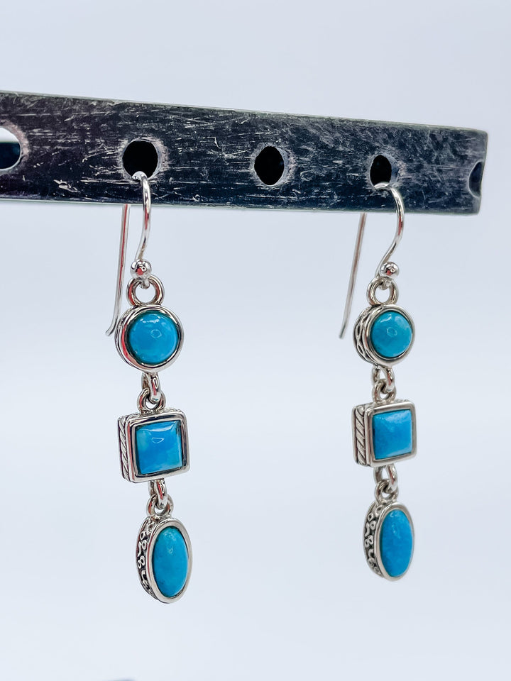 Women's Sterling Silver and Turquoise Circle, Square, and Oval Gemstone Dangle Earrings 2" Inches