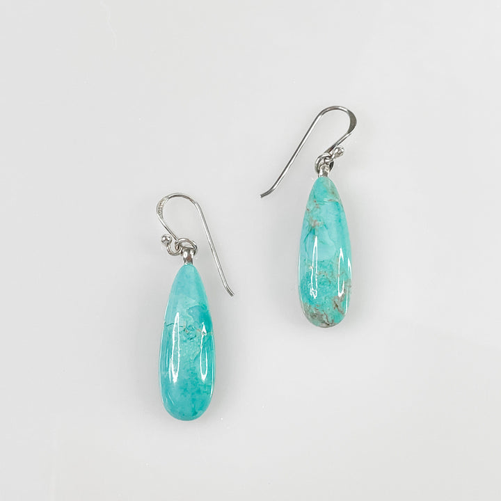 Women's Sterling Silver and Turquoise Gemstone Long Teardrop Dangle Earrings 1 7/8" Inches