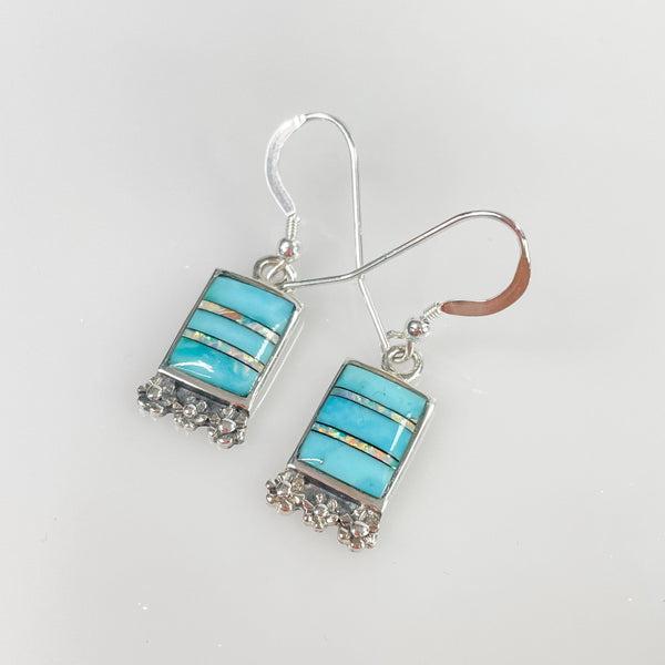 Women's Sterling Silver and Turquoise Gemstone Square Dangle Earrings 1.25 Inches
