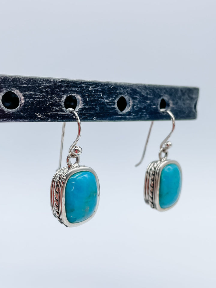 Women's Sterling Silver and Turquoise Square Gemstone Dangle Earrings 1.25 Inches