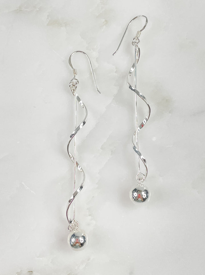 Women's Sterling Silver Long Bar and Ball Earring with Long Twist
