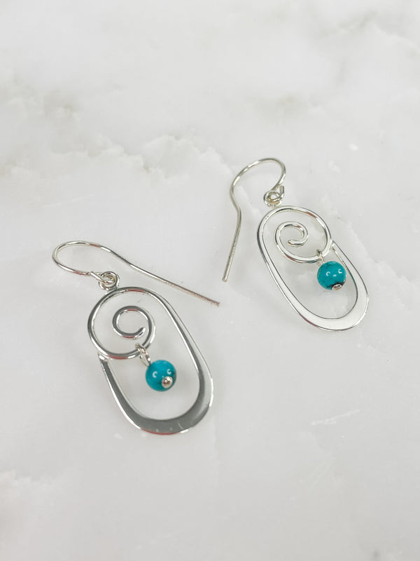 Women's Sterling Silver Swirl and Turquoise Gemstone Dangle Earrings 1.5 Inches