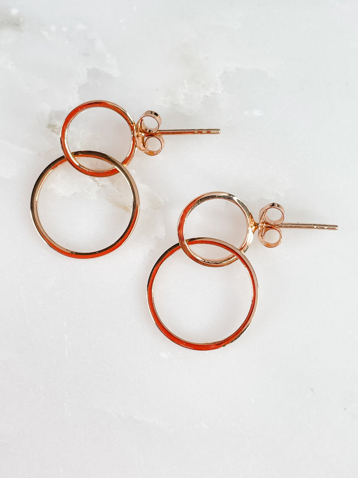 Women's Sterling Silver Two Circle Drop Post Earrings in Silver or Rose Gold Overlay