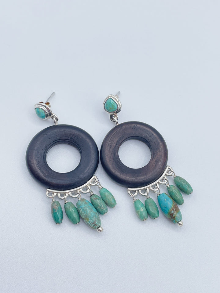 Women's Turquoise, Wood and Sterling Silver Dangle Earrings