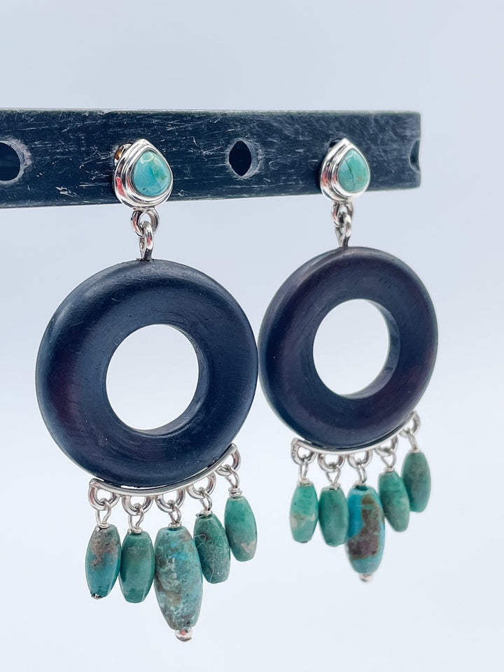 Women's Turquoise, Wood and Sterling Silver Dangle Earrings