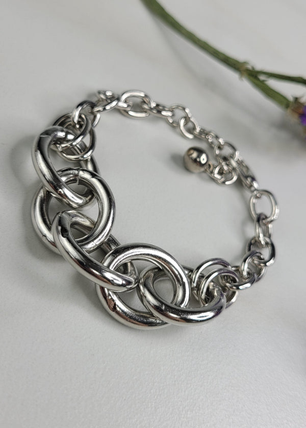 Yin Bracelet with Rhodium Plated Mixed Cable Chain - Handmade Indie Jewelry