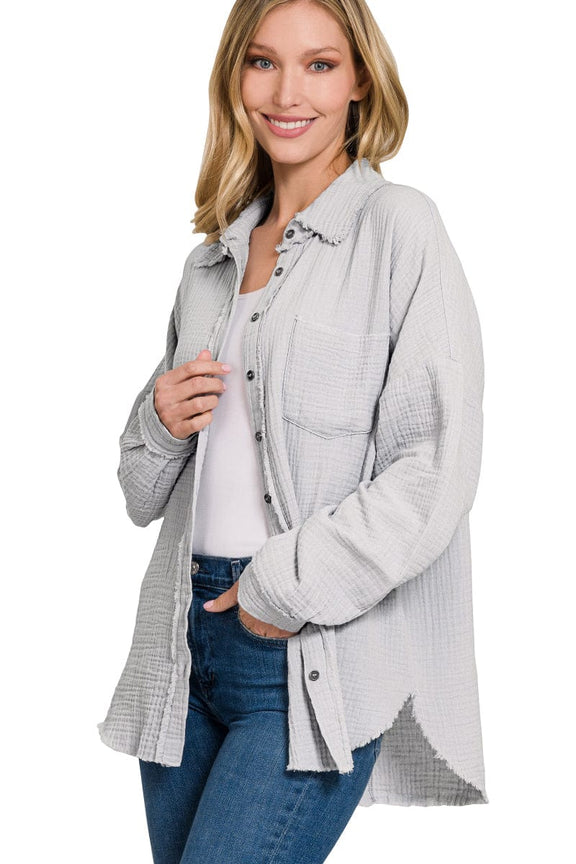 Zenana Double Gauze Oversized Raw Edge Shirt jfybrand