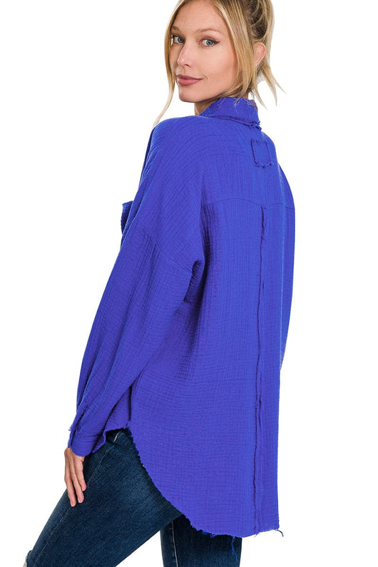 Zenana Double Gauze Oversized Raw Edge Shirt