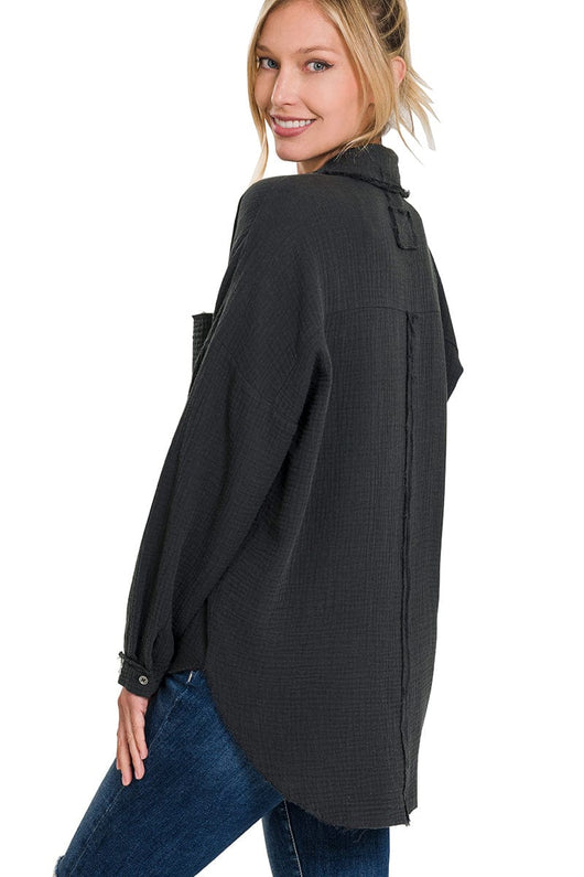 Zenana Double Gauze Oversized Raw Edge Shirt