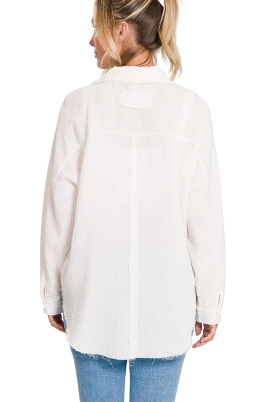 Zenana Double Gauze Oversized Raw Edge Shirt