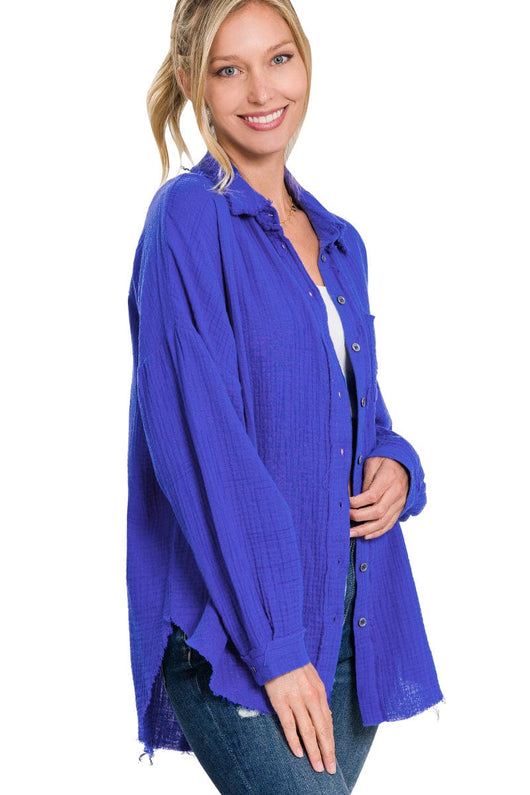 Zenana Double Gauze Oversized Raw Edge Shirt