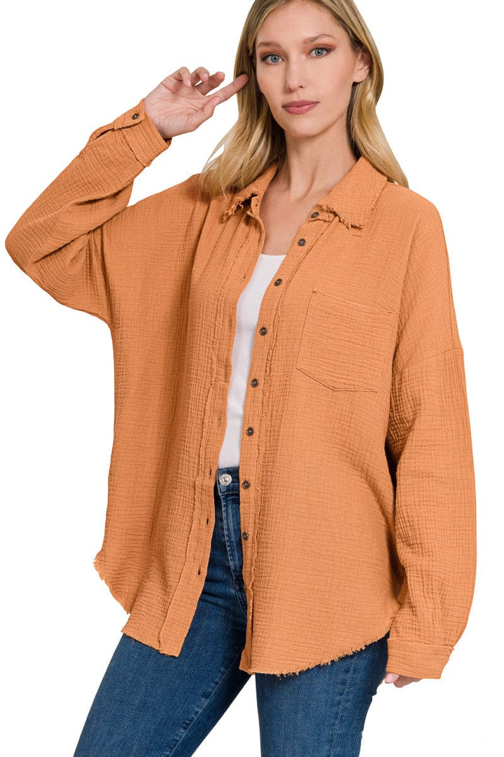 Zenana Double Gauze Oversized Raw Edge Shirt