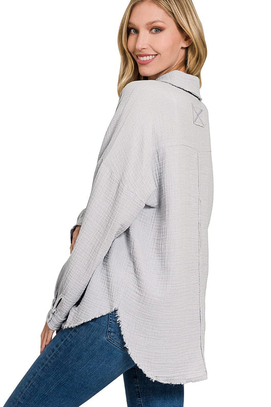 Zenana Double Gauze Oversized Raw Edge Shirt