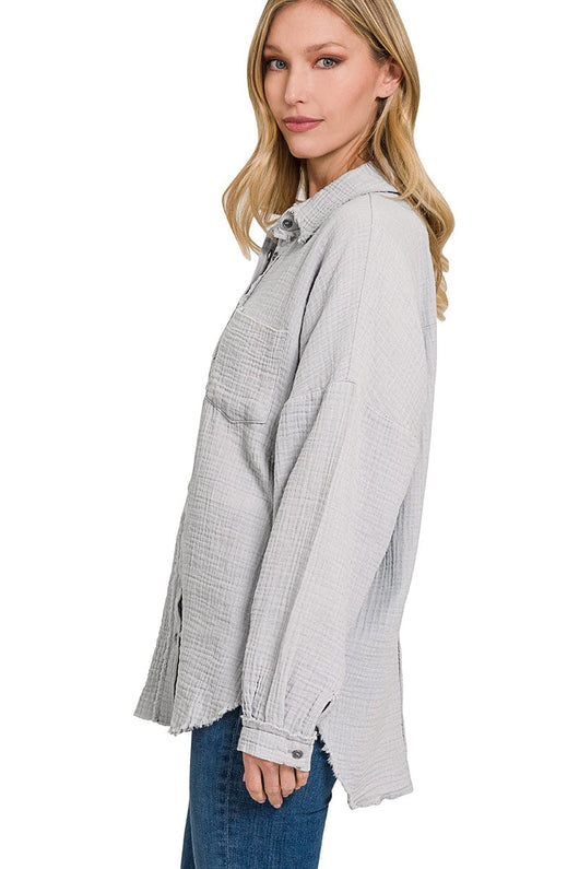 Zenana Double Gauze Oversized Raw Edge Shirt