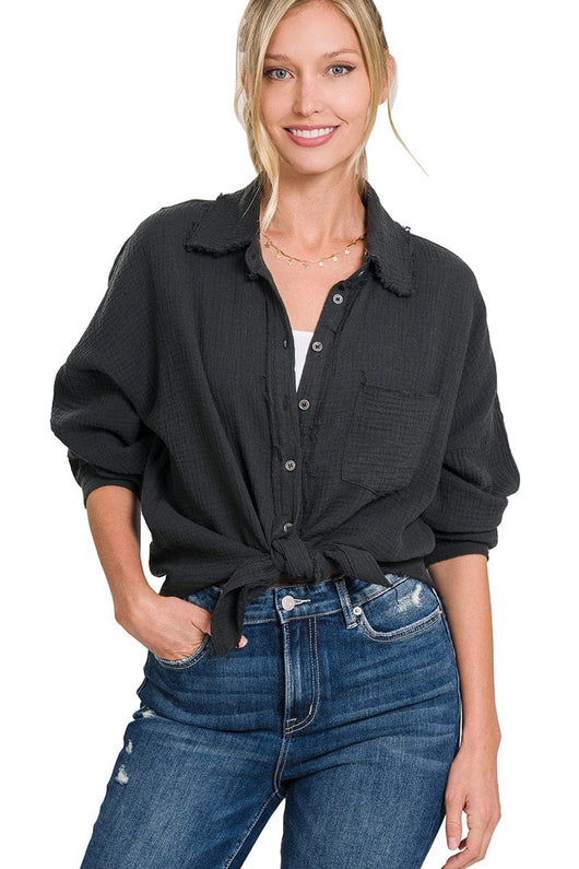 Zenana Double Gauze Oversized Raw Edge Shirt