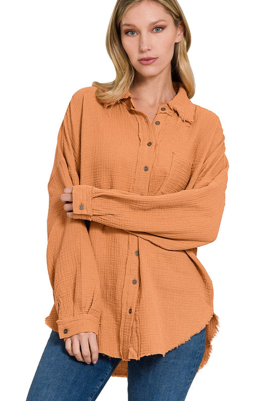 Zenana Double Gauze Oversized Raw Edge Shirt