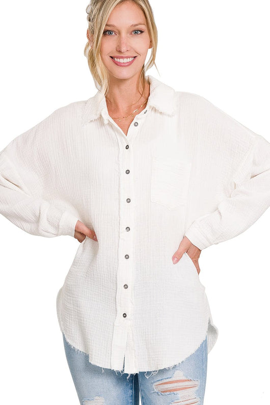 Zenana Double Gauze Oversized Raw Edge Shirt