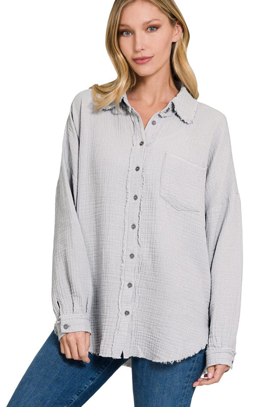 Zenana Double Gauze Oversized Raw Edge Shirt