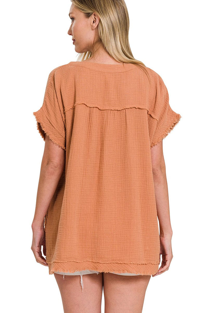 Zenana Gauze Raw Edge Short Sleeve V-Neck Shirt