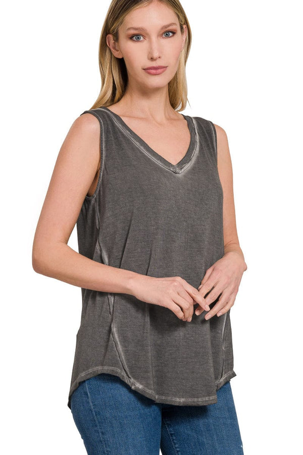 Zenana Washed Sleeveless V-Neck Top with Hi-Low Hem