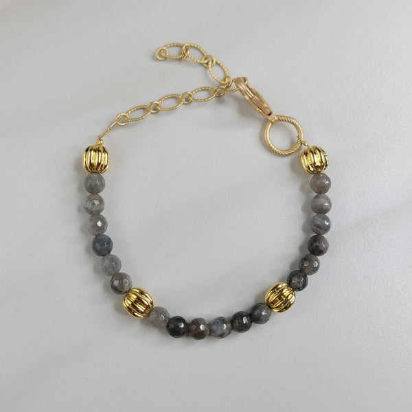 Handmade Bracelet with Natural Labradorite Stones, Vintage Beads, and Gold Plated Etched Chain.