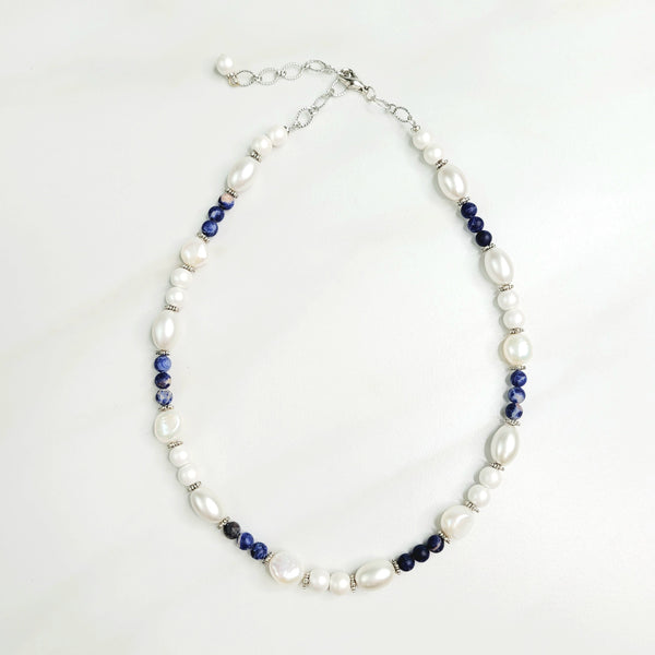 Ziva Vintage Bead, Sodalite, and Freshwater Pearl Royal Necklace